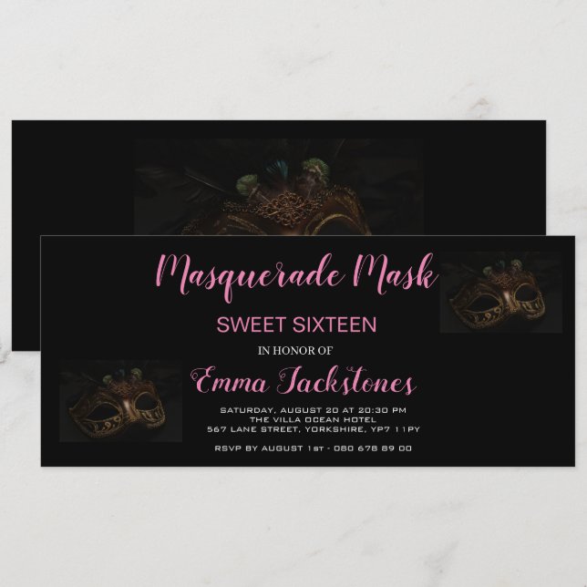 Pink Elegant Masquerade Mask Theme Sweet Sixteen  Invitation (Front/Back)