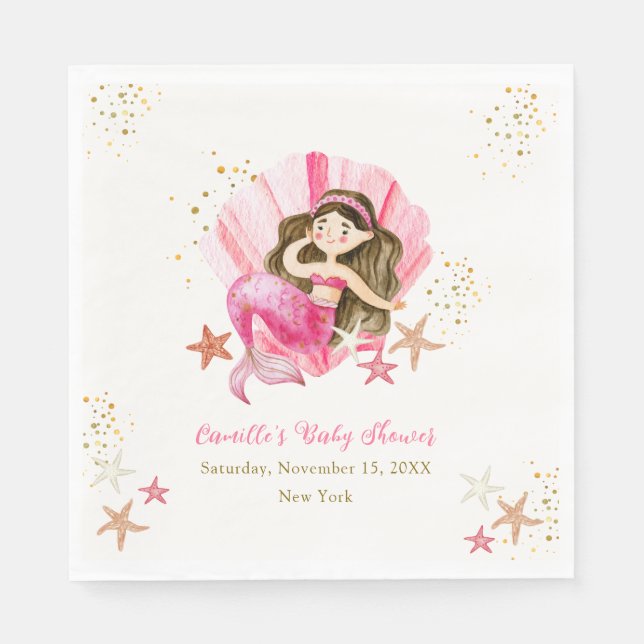 Pink Elegant Mermaid Ocean Starfish Baby Shower Napkin (Front)