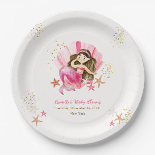 Pink Elegant Mermaid Ocean Starfish Baby Shower Paper Plate