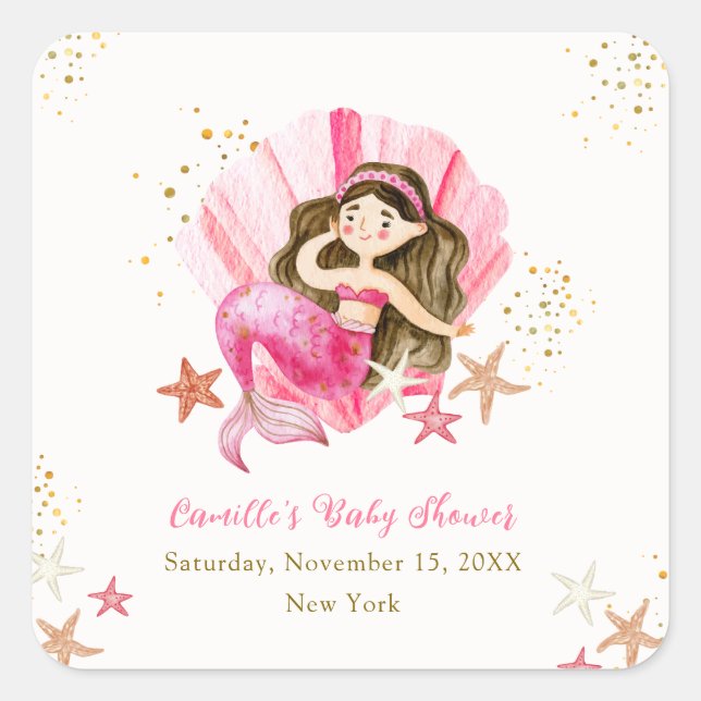 Pink Elegant Mermaid Ocean Starfish Baby Shower Square Sticker (Front)