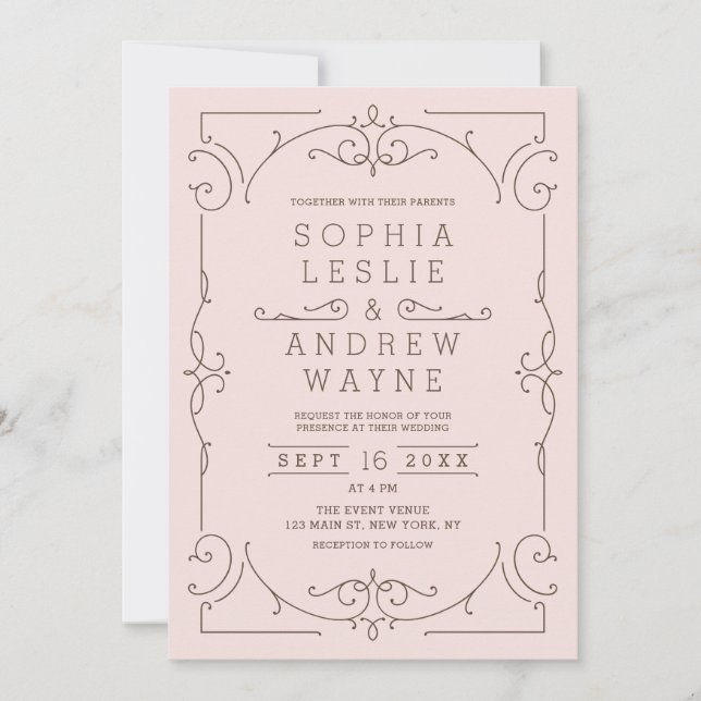 Pink elegant modern classic vintage wedding invitation (Front)