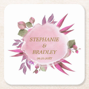 Pink Elegant Modern Watercolor Floral Wedding Square Paper Coaster