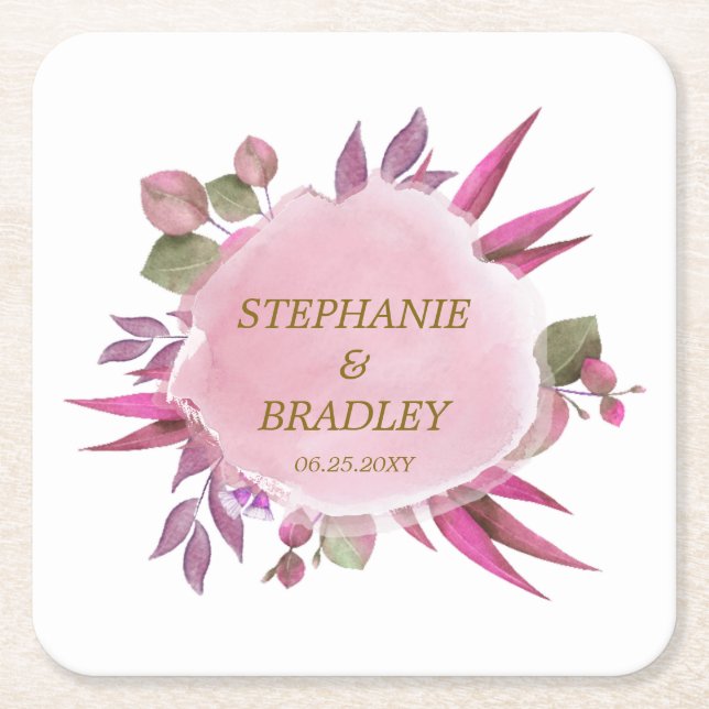 Pink Elegant Modern Watercolor Floral Wedding Square Paper Coaster (Front)