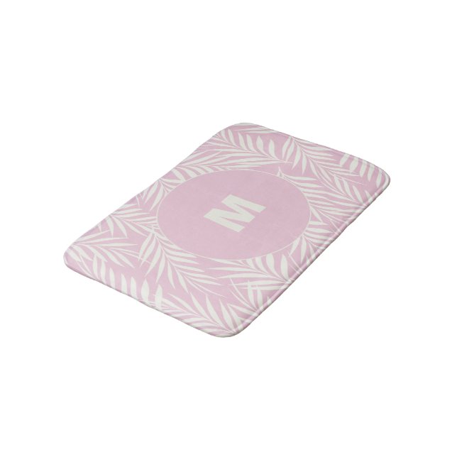 Pink Elegant Palm Leaves Personalized Bath Mat (Angled)