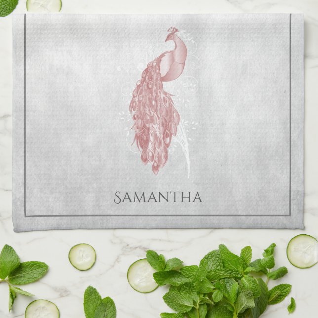 Pink Elegant Peacock Kitchen Towel (Folded)