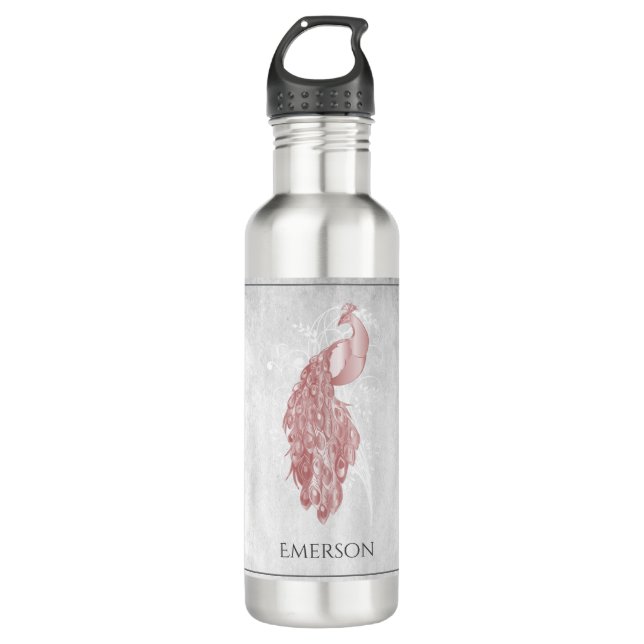 Pink Elegant Peacock Personalised 710 Ml Water Bottle (Front)