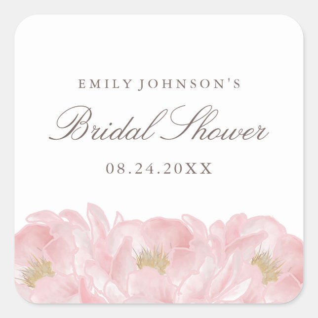 Pink Elegant Peony Bridal Shower Square Sticker (Front)