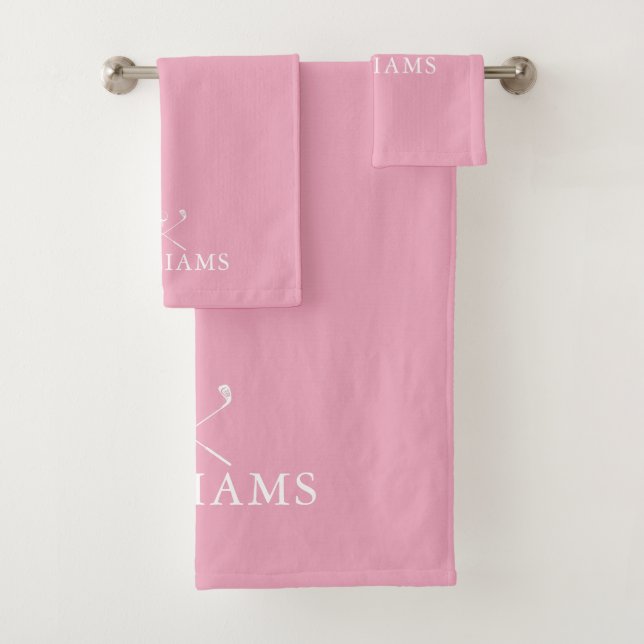 Pink Elegant Personalised Name Golf Clubs Bath Towel Set (Insitu)