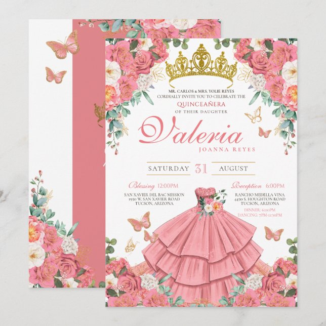 Pink Elegant Princess Butterfly Rose Quinceanera  Invitation (Front/Back)