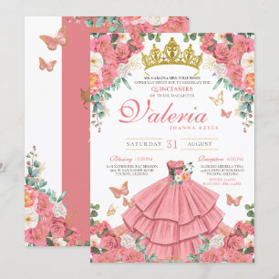 Pink Elegant Princess Butterfly Rose Quinceanera  Invitation