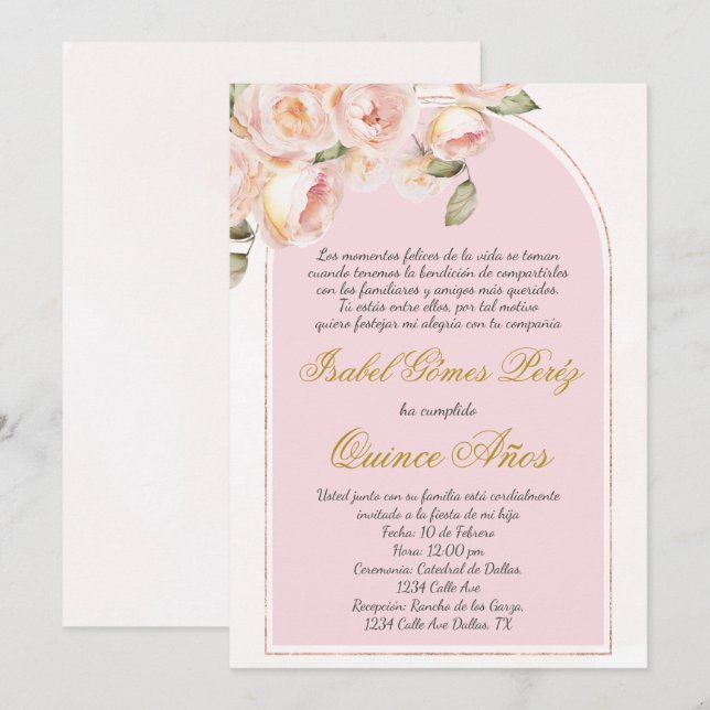 Pink elegant Quince invitation in Spanish (Front/Back)