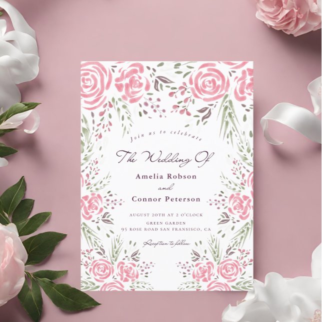 Pink Elegant Rose Romance Watercolor  Invitation Postcard (Creator Uploaded)