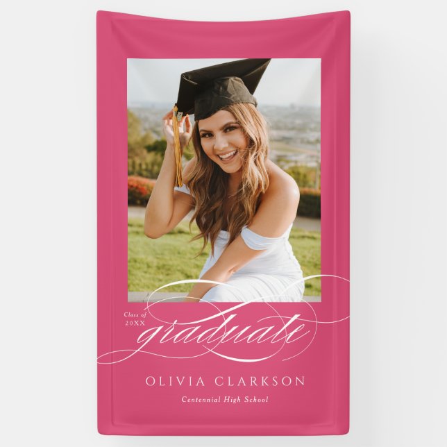 Pink Elegant Script Graduation Photo Party Banner (Vertical)