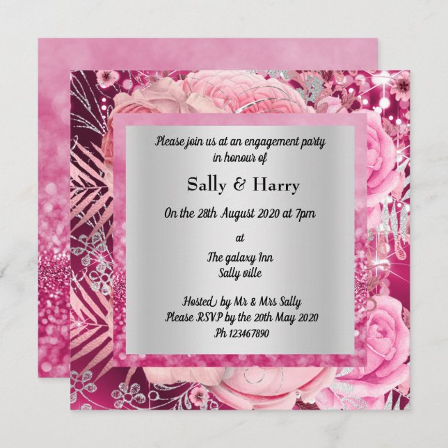 Pink Elegant Sparkle Bouquet engagement invitation (Front/Back)