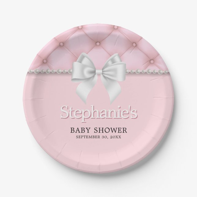 Pink Elegant Tiffany Chic Bow Fancy Baby Shower Paper Plate (Front)