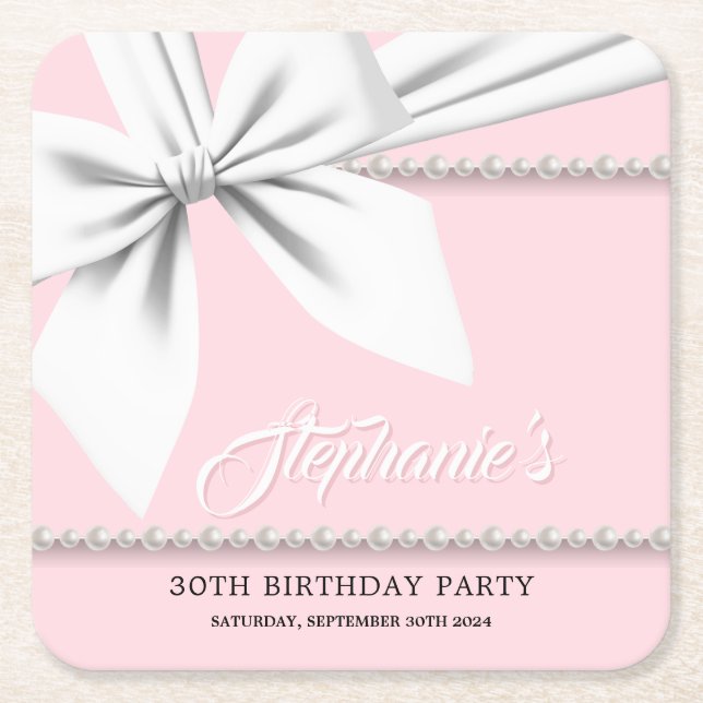 Pink Elegant Tiffany Pearls Fancy Party Tableware Square Paper Coaster (Front)