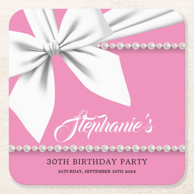 Pink Elegant Tiffany Pearls Fancy Party Tableware Square Paper Coaster (Front)