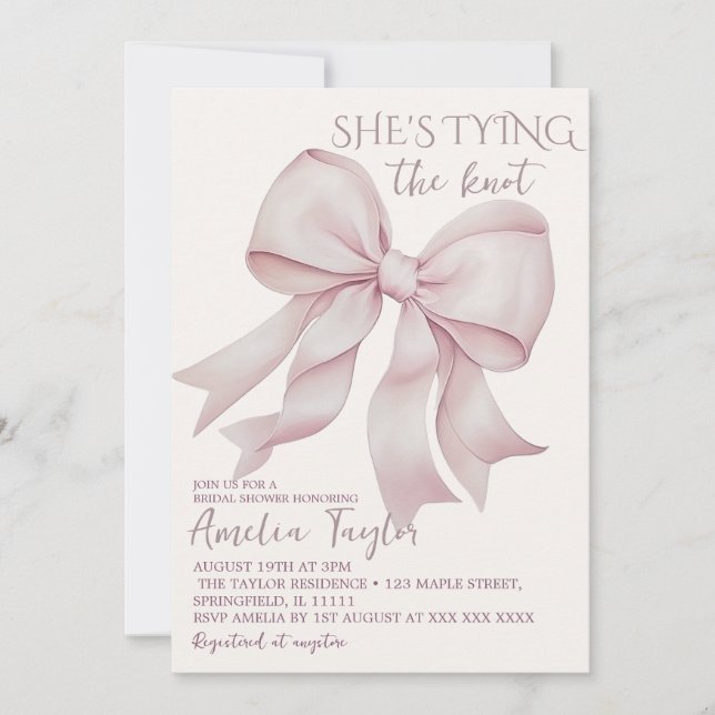 Pink Elegant Tying The Knot  Bow Bridal Shower Invitation (Front)