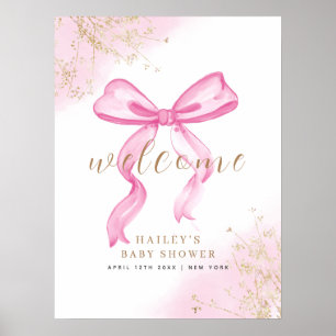 Pink Elegant Watercolor Bow Welcome Baby Shower  Poster