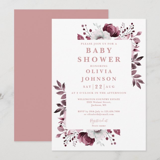 Pink Elegant Watercolor Country Floral Baby Shower Invitation (Front/Back)