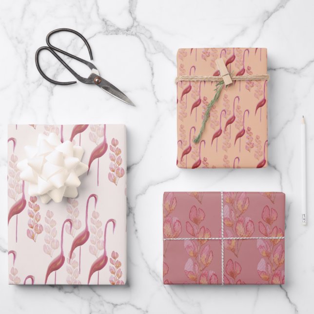 Pink Elegant Watercolor Flamingos Illustration Wrapping Paper Sheet (Front)