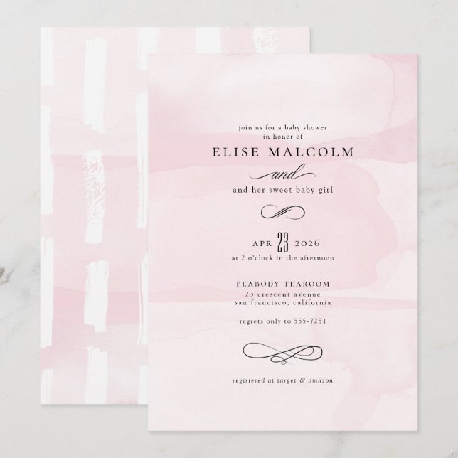 Pink Elegant Watercolor Modern Baby Shower Invitation (Front/Back)