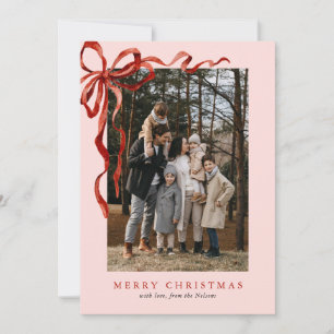Pink Elegant Watercolor Red Bow Christmas 2 Photo Holiday Card