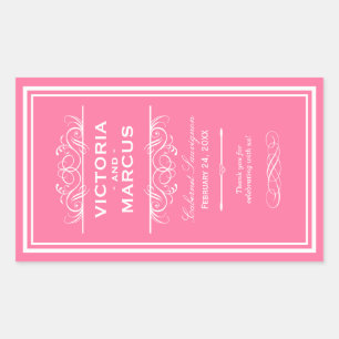 Pink Elegant Wedding Monogram Wine Bottle Rectangular Sticker