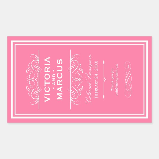 Pink Elegant Wedding Monogram Wine Bottle Rectangular Sticker (Front)