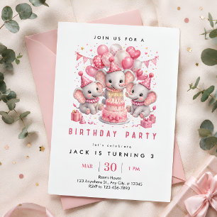 Pink Elephant 3rd Birthday Invitation