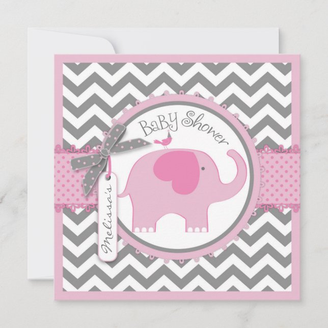 Pink Elephant and Chevron Print Baby Shower Invitation (Front)