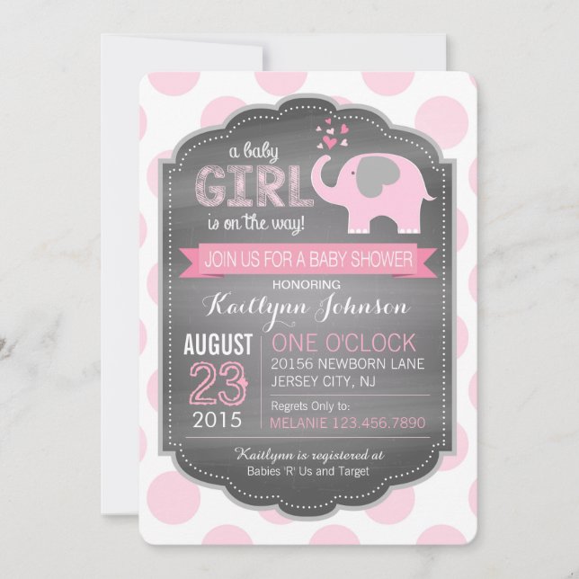 Pink Elephant and Dots Baby Shower Invitations (Front)