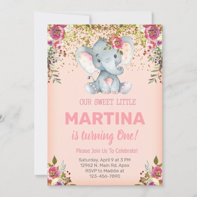 Pink elephant and flowers girl birthday invite. Invitation (Front)