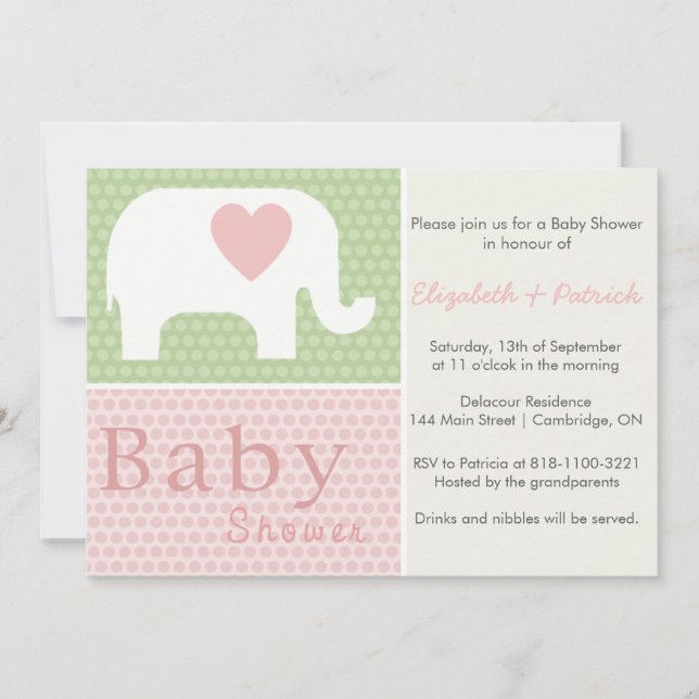 Pink Elephant and Heart Baby Shower Invitation (Front)