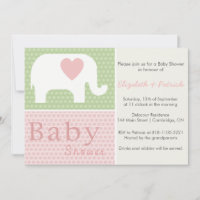 Pink Elephant and Heart Baby Shower Invitation
