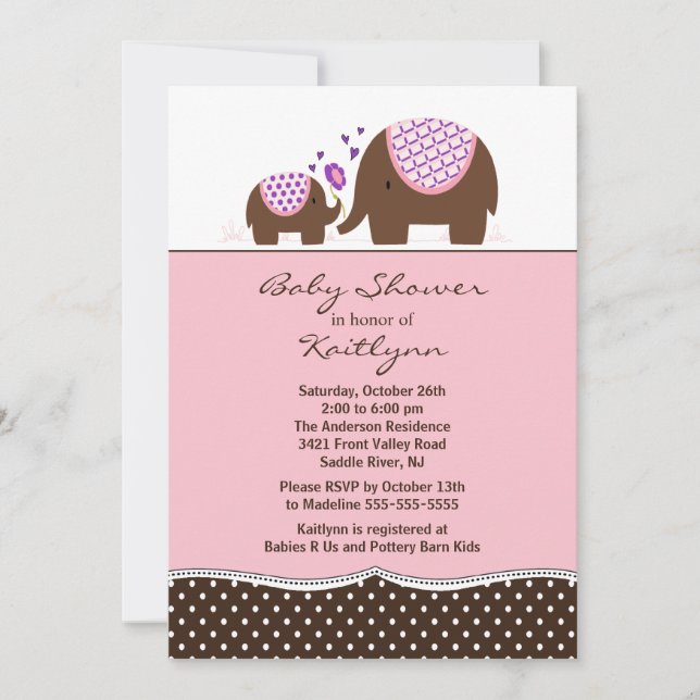 Pink Elephant  & Baby Baby Shower Invitation (Front)