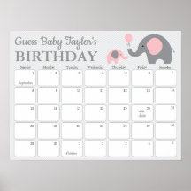 Pink Elephant Baby Birthday Prediction Calendar