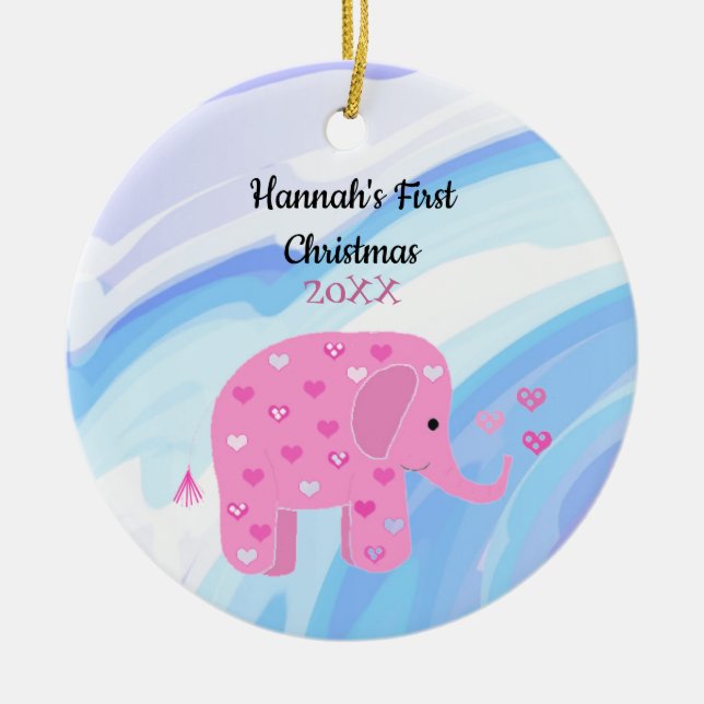Pink Elephant Baby First Christmas Ceramic Tree Decoration (Front)