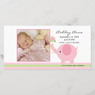 Pink Elephant Baby Girl Birth Annoucement Announcement