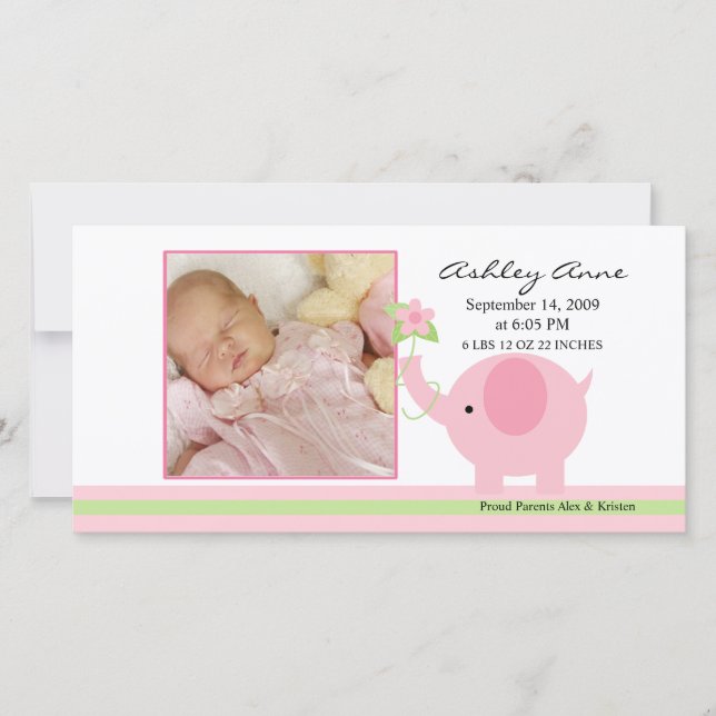 Pink Elephant Baby Girl Birth Annoucement Announcement (Front)