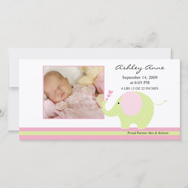 Pink Elephant Baby Girl Birth Annoucement Announcement (Front)