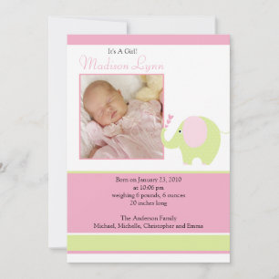 Pink Elephant Baby Girl Photo Announcement Card