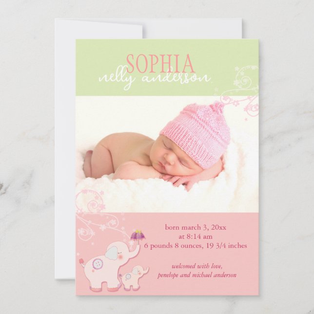 Pink Elephant Baby Girl Photo Birth Announcement (Front)