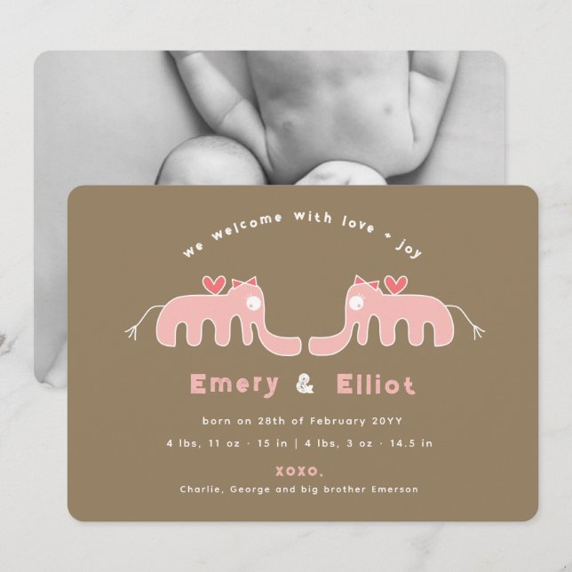 Pink Elephant Baby Girl Photo Birth Announcement (Front/Back)