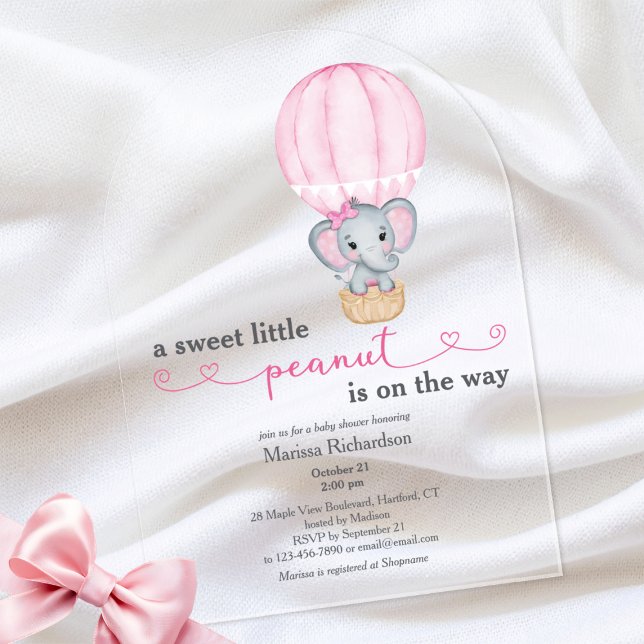 Pink Elephant Baby Girl Shower Arch Acrylic Invitations (cute elephant in balloon sweet little peanut baby girl shower arch acrylic invitation)