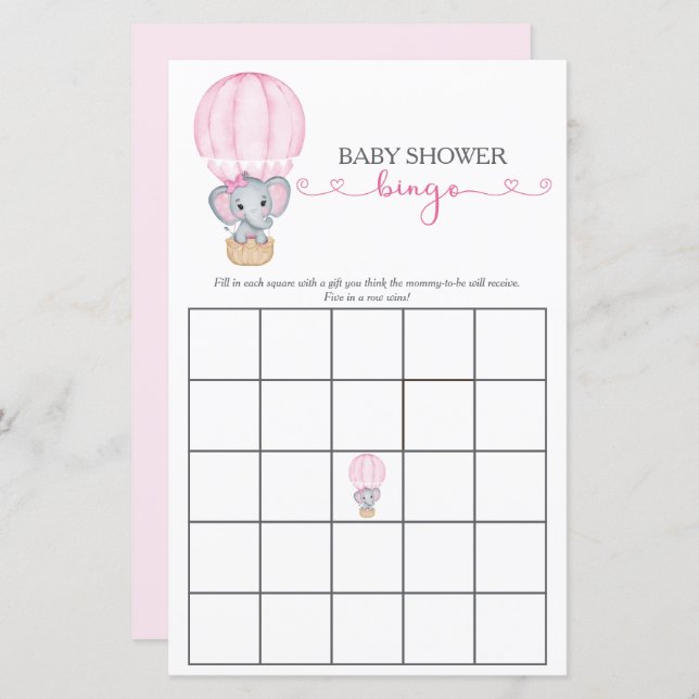 Pink Elephant Baby Girl Shower Bingo Game (Front/Back)