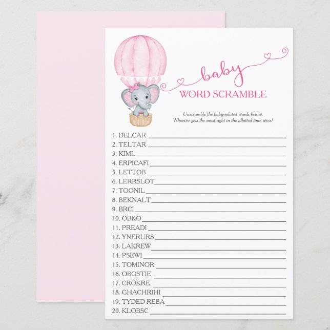 Pink Elephant Baby Girl Shower Word Scramble Game (Front/Back)