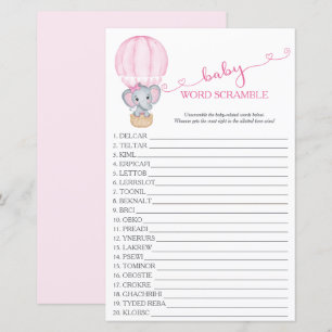 Pink Elephant Baby Girl Shower Word Scramble Game