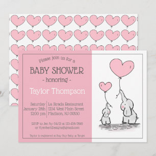Pink Elephant Baby heart balloon Shower Invitation