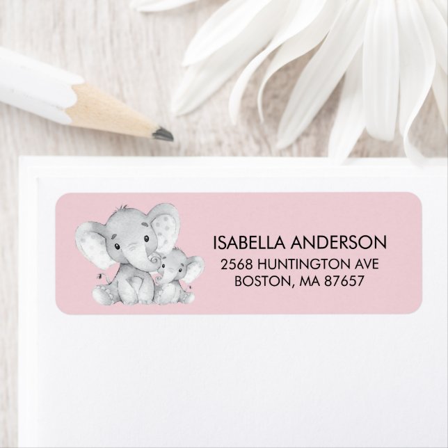 Pink Elephant Baby Shower Address Label (Insitu)